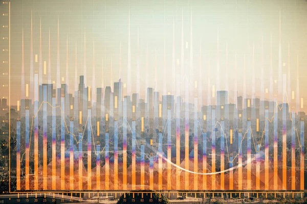 Gráfico de divisas en paisaje urbano con rascacielos wallpaper exposición múltiple. Concepto de investigación financiera . — Foto de Stock