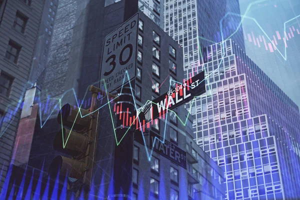 Forex chart on cityscape with tall buildings background multi exposure. Financial research concept. — Stock Photo, Image