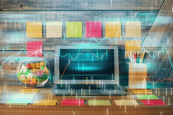 Doppelbelichtung von Forex-Diagramm und Arbeitsraum mit Computer. Konzept des internationalen Online-Handels. — Stockfoto