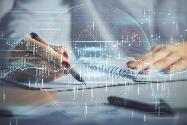 Double exposure of womans hands making notes with forex graph hologram. Concept stock market analysis. — Stock Photo, Image