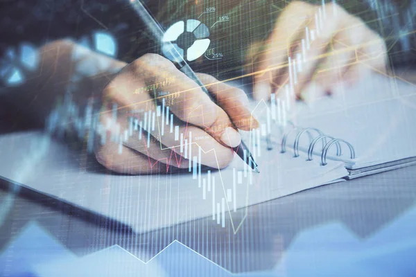 Forex Graph bij de hand nemen van notities achtergrond. Concept van onderzoek. Dubbele belichting — Stockfoto