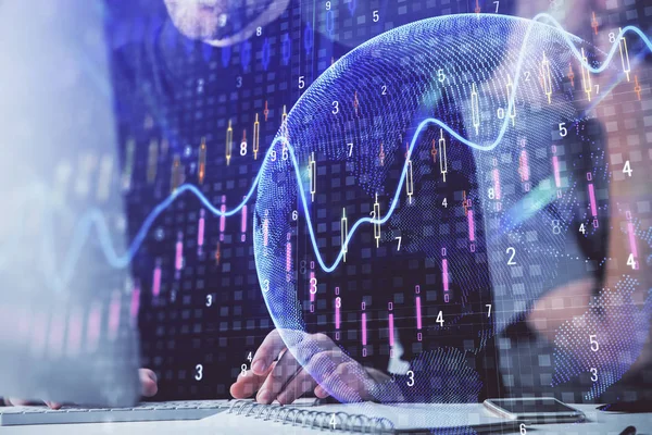 Forex Graph met zakenman typen op de computer in Office op de achtergrond. Concept van analyse. Dubbele belichting. — Stockfoto