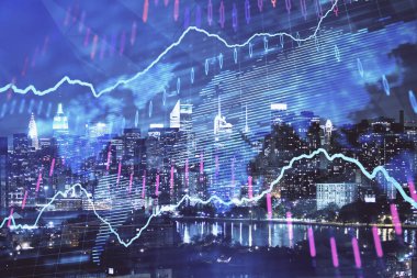 Cityscape arka plan üzerinde forex grafik çizimleri çift pozlama. Başarı kavramı.