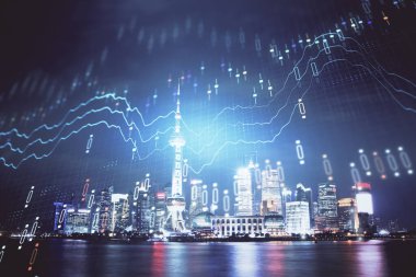 Yüksek binalar arka plan çok pozlama ile gece şehir scape mali grafik. Analiz kavramı.