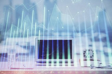 Bilgisayar geçmişi olan eski grafik hologramı. Çoklu maruz kalma. Finans piyasası kavramı.