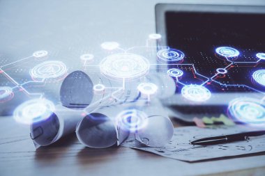 Sosyal ağ tema simgesi olan masaüstü bilgisayarı. Çoklu maruz kalma. Uluslararası bağlantılar kavramı.