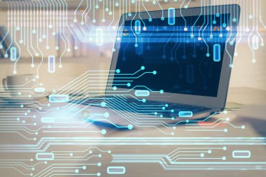 Bilgisayar ve teknoloji temalı çizimlere çifte maruz kalma. Yenilik kavramı.