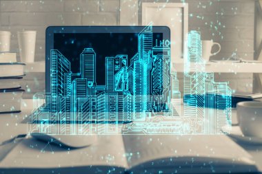 Ofisteki masaüstü bilgisayar geçmişi ve büyük kasaba binaları hologram çizimi. Çifte maruziyet. Akıllı şehir konsepti.