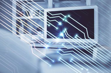 Teknoloji temalı çizim ve bilgisayarlı masa. Çoklu maruz kalma. Bilgi kavramı.