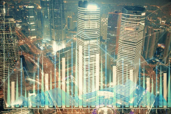 Financial chart on city scape with tall buildings background multi exposure. Analysis concept. — Stock Photo, Image