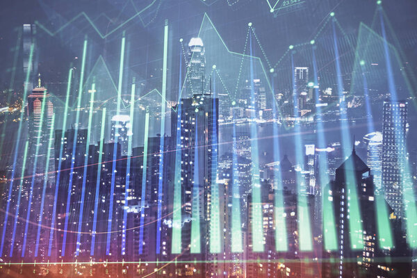 Double exposure of forex chart drawings over cityscape background. Concept of success.