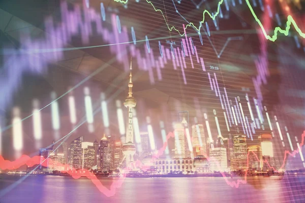 Financial graph on night city scape with tall buildings background multi exposure. Analysis concept. — Stock Photo, Image