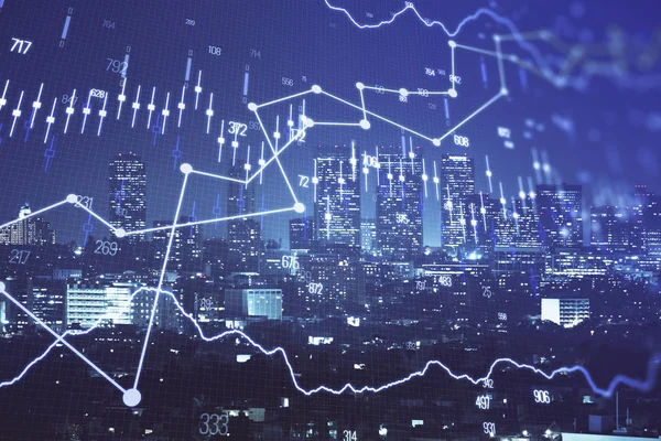 Gráfico financeiro sobre paisagem da cidade noite com edifícios altos fundo multi exposição. Conceito de análise . — Fotografia de Stock
