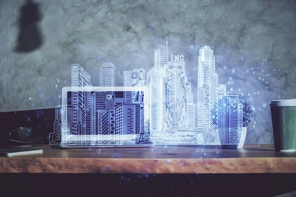 Pulpit tło komputera w biurowych i dużych budynkach miasta hologram rysunek. Podwójna ekspozycja. Koncepcja inteligentnego miasta. — Zdjęcie stockowe
