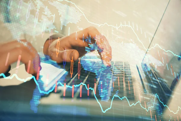 Double exposure of market chart with man working on computer on background. Concept of financial analysis. — Stock Photo, Image