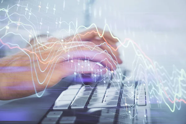 Multi exposure of graph with man typing on computer in office on background. Concept of hard work. Closeup. — Stock Photo, Image