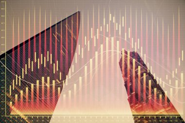 Yüksek binaların arka planında çoklu pozlama olan eski şehir haritası. Finansal araştırma kavramı.