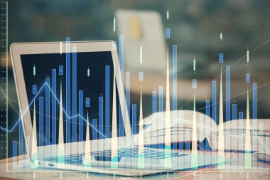 Bilgisayar geçmişi olan eski grafik hologramı. Çifte maruziyet. Finans piyasası kavramı.