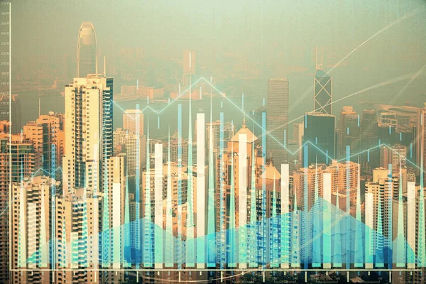 График Forex по городам с двойной экспозицией небоскребов. Концепция финансовых исследований . — стоковое фото