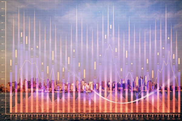 Gráfico de divisas en paisaje urbano con rascacielos fondo de pantalla doble exposición. Concepto de investigación financiera . —  Fotos de Stock