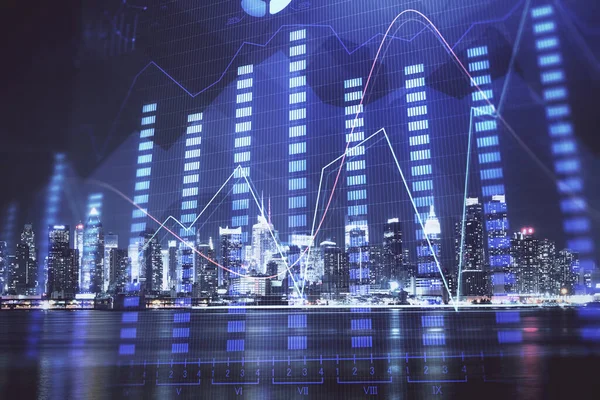 Pénzügyi grafikon éjszakai városkép a magas épületek háttér több expozíciót. Elemzési koncepció. — Stock Fotó