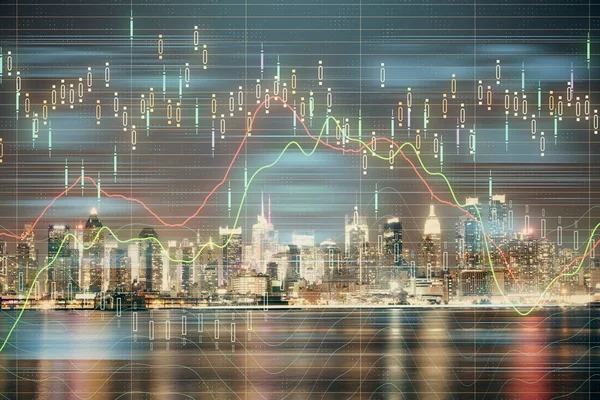 Finanzgrafik über Nacht Stadtbild mit hohen Gebäuden Hintergrund Multi-Exposition. Analysekonzept. — Stockfoto