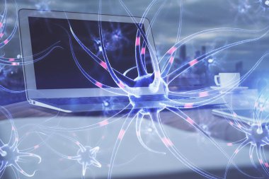 Masaüstü bilgisayar arkaplanı ve nöron çizimi. Çifte maruziyet. Eğitim kavramı.