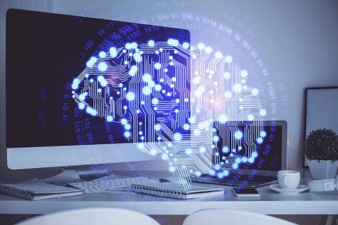 Bilgisayar ve beyin hologramıyla iki kat maruz kalmışlar. Veri yeniliği kavramı.