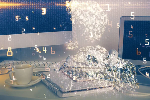 Ordinateur de bureau dans le bureau avec hologramme thème de la technologie. Exposition multiple. Concept technique. — Photo