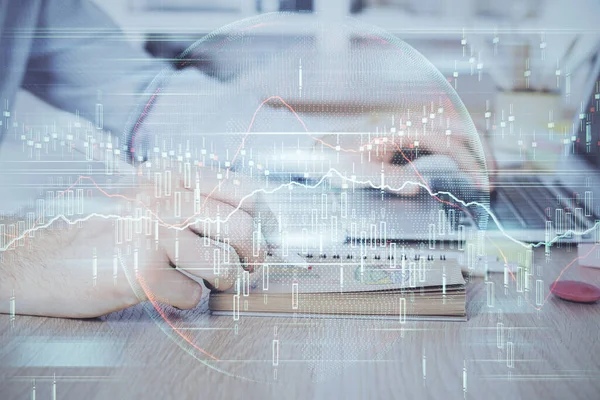 Multi-Exposition von Finanzgrafik mit Mann arbeitet im Büro auf Hintergrund. Konzept der Analyse. — Stockfoto