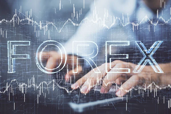 Gráfico de Forex con hombre de negocios que trabaja en la computadora en la oficina en segundo plano. Concepto de trabajador. Exposición múltiple . —  Fotos de Stock