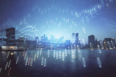 Yüksek binalar arka plan çift pozlama ile gece şehir scape mali grafik. Analiz kavramı.