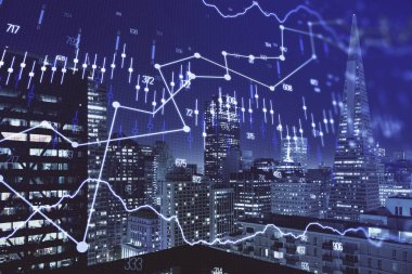 Yüksek binalar arka plan çok pozlama ile gece şehir scape mali grafik. Analiz kavramı.