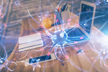 Masaüstü bilgisayar arkaplanı ve nöron çizimi. Çifte maruziyet. Eğitim kavramı.