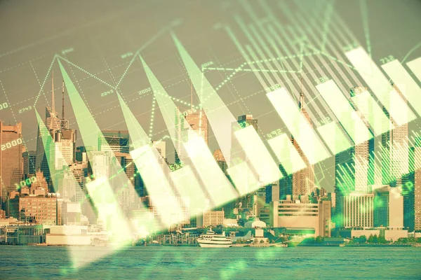 Forex graph on city view with skyscrapers background double exposure. Financial analysis concept. — Stock Photo, Image