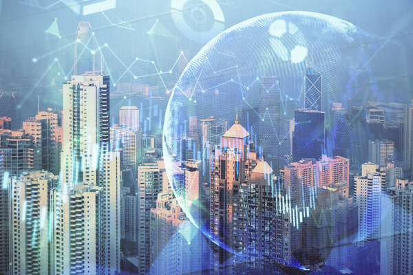 Forex chart on cityscape with skyscrapers wallpaper double exposure. Financial research concept.