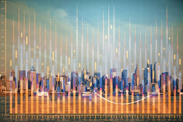 Forex διάγραμμα στο cityscape με ουρανοξύστες ταπετσαρία διπλή έκθεση. Έννοια της χρηματοοικονομικής έρευνας. — Φωτογραφία Αρχείου
