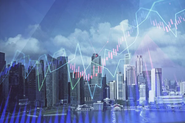 Forex chart on cityscape with skyscrapers wallpaper multi exposure. Financial research concept. — Stock Photo, Image