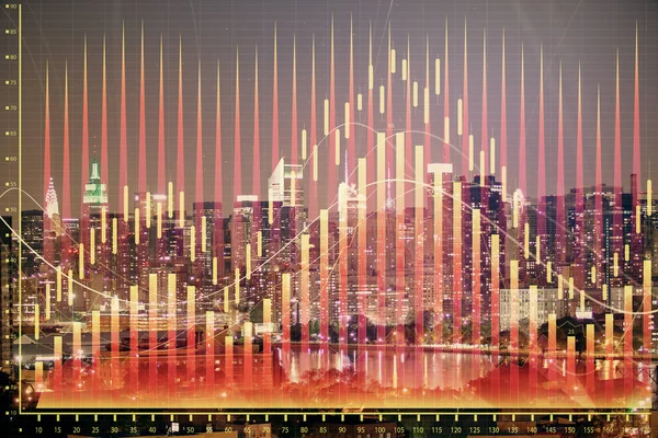 Kettős expozíció Forex chart rajzok alatt városkép háttérben. A siker fogalma. — Stock Fotó