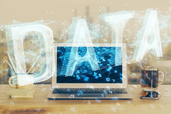 Doble exposición de la computadora portátil y la tecnología tema holograma. Concepto de trabajo freelance. —  Fotos de Stock
