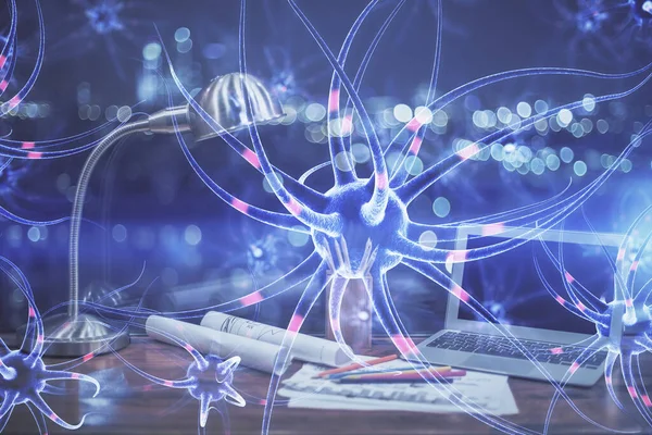 Desktop computer achtergrond en neuron tekening. Dubbele belichting. Onderwijsconcept. — Stockfoto