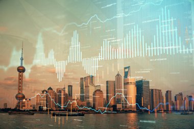 Gökdelenler arka planda çift pozlama ile şehir görünümünde eski grafik. Mali analiz kavramı.