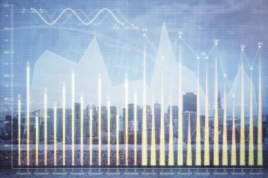 Gökdelenler arka planda çoklu pozlama ile şehir görünümünde eski grafik. Mali analiz kavramı.