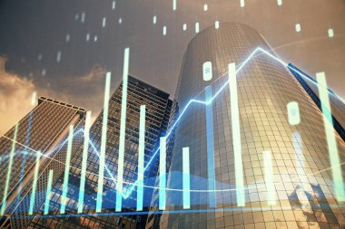 Gökdelenler, duvar kağıtları ve çoklu pozlama ile şehir manzarasının eski çizelgesi. Finansal araştırma kavramı.