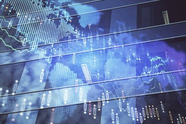 Yüksek binaların arka planında çoklu pozlama olan eski şehir haritası. Finansal araştırma kavramı.