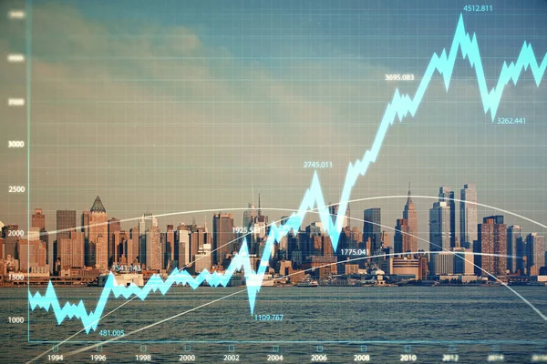 Forex chart a városkép felhőkarcolók tapéta dupla expozíció. Pénzügyi kutatási koncepció. — Stock Fotó