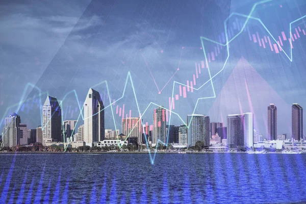 Forex grafiek op stadsgezicht met wolkenkrabbers behang multi exposure. Begrip financieel onderzoek. — Stockfoto