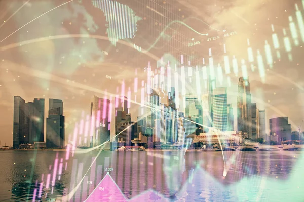 Forex chart on cityscape with tall buildings background multi exposure. Financial research concept.