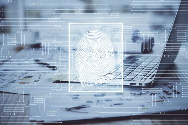 Ofisteki bilgisayarın parmak izi çizimi. Çifte maruziyet. İş veri güvenliği kavramı.