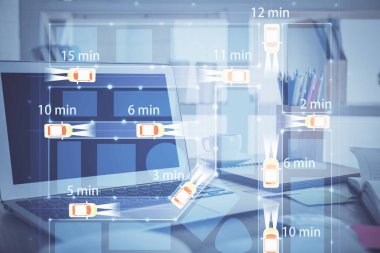 Otomobil hologramı çizimi olan masaüstü bilgisayar arkaplanı. Çoklu maruz kalma. Teknoloji kavramı.